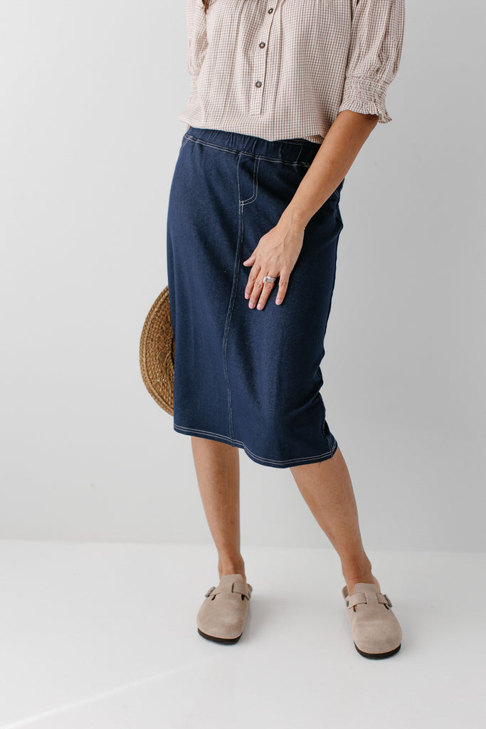 Esteez BEVERLY HILLS Denim Skirt - Below the Knee Jean Skirt with Tummy  Control – esteezoutlet